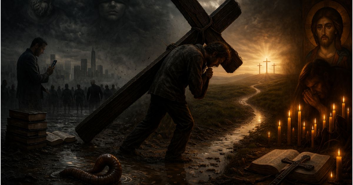 Prostia -Om purtând crucea într-un peisaj simbolic, contrast între întuneric și lumină spirituală